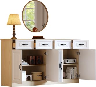STILVORA Aparador Con 4 Puertas, 4 Cajones Y Estantes Ajustables, En Mdf, Blanco Y Color Madera Natural, 160 X 35 X 80 Cm