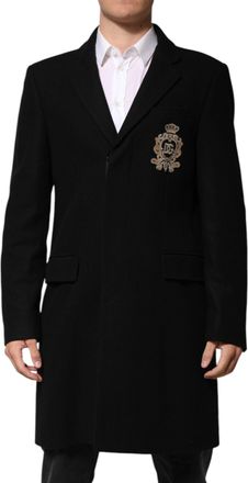Dolce & Gabbana Mens Black Heraldic Patch Single Breasted Blazer Jacket Nylon Virgin Wool Clothing