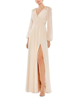 Mac Duggal Chiffon Faux Wrap Beaded Shoulder Detail Gown