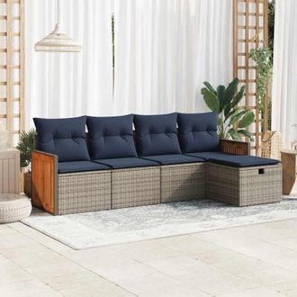 vidaXL Vidaxl - Juego De Sof&aacute;s Jard&iacute;n Con Cojines 5 Pzas Rat&aacute;n Sint&eacute;tico Gris