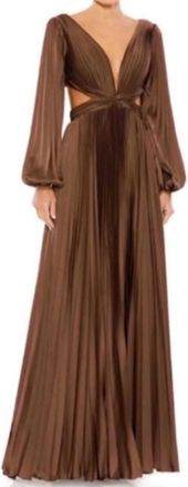 Mac Duggal Pleated Long Sleeve Charmeuse Cut Out Gown In Espresso