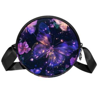 Generic Circle Crossbody Bag for Women, Pink Purple Butterflies Small Sling Bag Daypack with Zipper Adjustable Shoulder Straps Casual Ladies Girls Round Purse