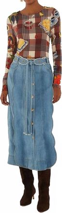 Farm Rio Denim Belted Wavy Midi Skirt In Blue