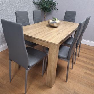 Kosy Koala Oak Effect Dining Table Set With 6 Grey Faux Leather Chairs Dining Room Furniture in Brown