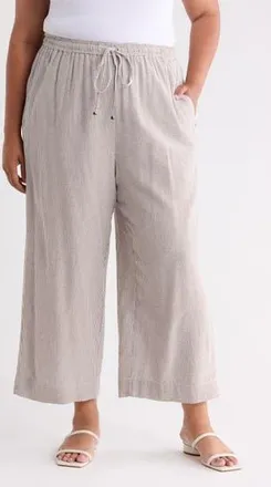 Max Studio Drawstring Waist Crop Wide Leg Pants in Acorn/White Mini Stripe at Nordstrom Rack, Size 3X