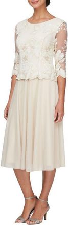 Alex Evenings Illusion Sleeve Embroidered Midi Dress in Taupe at Nordstrom, Size 10