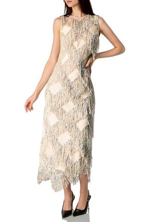 Ivonne Deco Shimmer Fringe Midi Dress in Silver at Nordstrom, Size 10