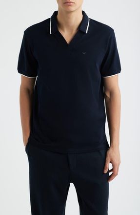 Emporio Armani Piqu&eacute; Johnny Collar Polo in Solid Blue Navy at Nordstrom, Size Xx-Large