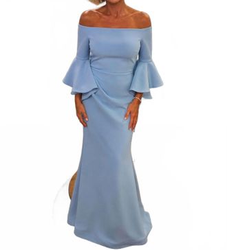 Jovani Scuba Off The Shoulder Bell Sleeves Dress In Light Blue