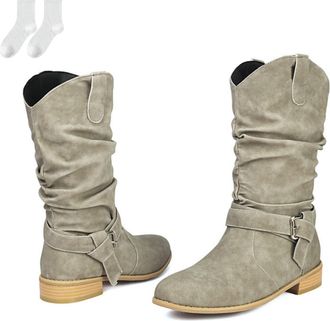 Generic Womens Slouch Boots in A Suede Look, Fashionable Mid-Calf Boots with Buckle Straps And A Comfortable Low Heel, Non-Slip Autumn Winter Ankle Boots for 