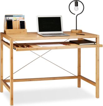 Relaxdays Relaxdays - Escritorio De Madera, Soporte Para El Teclado Deslizable, Macizo, 76,5x106,5x55,5 Cm, 1 Ud., Marr&oacute;n
