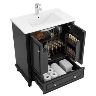STILVORA Mobile Sottolavabo Con 2 Ante, 1 Cassetto E Ripiano Regolabile, Lavabo In Ceramica, Per Bagno, 73x45x87 Cm