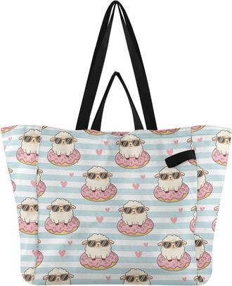 Generic Cute Sheep Donut Blue pattern Reusable Canvas Tote Bag, Heavy Duty Grocery Shopping Bag with Double Handles Large Capacity Hard Bottom Work Groceries 