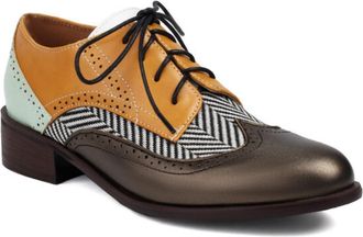 Generic Womens Lace Up Oxford Brogues Perforated Trim Block Heel Round Toe Textured Upper Dress Shoes Comfortable for Fashion Party,Yellow Grey,6.5 UK