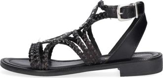 Omoda Schoenen, Dames, Zwart, 38 EU, Leer, Zwarte sandalen met studs en gevlochten bandjes