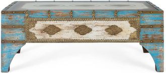 Giner&Colomer Mesa de centro de madera de mango color azul y blanco envejecido