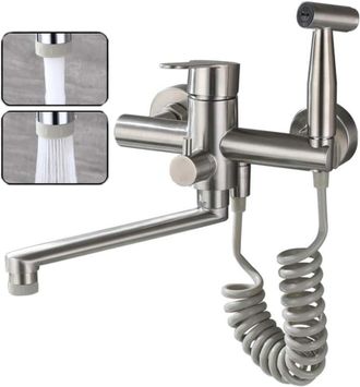 OEM Grifo De Cocina Mural, Acero Inoxidable 304, Apto Para Uso Alimentario, Pistola Rociadora De Cinta Cepillada, 2 Chorros, Grifo Mezclador Para Fregader