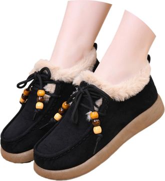 Generic Womens Suede Platform Loafers with Fur Lined Fashion Suede Furry Collar Slip On Winter Ankle Boots Winter Outdoor Daily Work Walking Shoes (Black,6.5)
