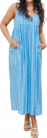 Olivaceous Country Club Chambray Linen Striped Maxi Dress In Blue