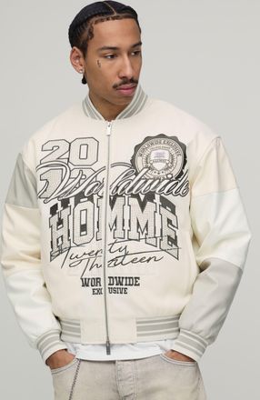 Boohooman Mens Boxy Fit Melton & PU Mixed Fabric Embellished Varsity Jacket - Ecru - Size X-Large
