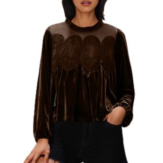 Generic Womens Fashion Velvet Tops Lace Trim Patchwork Velour Blouses Dressy Casual Long Sleeve Round Neck Evening Shirt Coffee