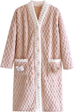 Generic Dressing Gowns for Women UK Flannel Fleece Bathrobes Thicken Ladies Nightdress Warm and Cosy Nightwear Solid Color Housecoat with Pockets Button Loung