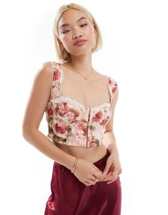 Love Triangle lace corset with ribbon trim in pink floral-Multi