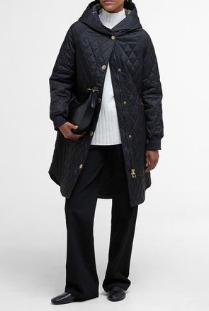 Barbour Hilary Longline Quilted Jacket in Black/Classic at Nordstrom, Size 8 Us