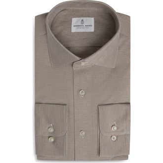 Emanuel Berg Premium Modern Fit Microhoundstooth Cotton Jersey Dress Shirt in Light Beige at Nordstrom, Size 42