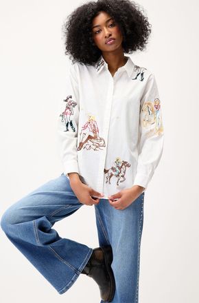 Twik Womens Cowgirl embroidery loose shirt