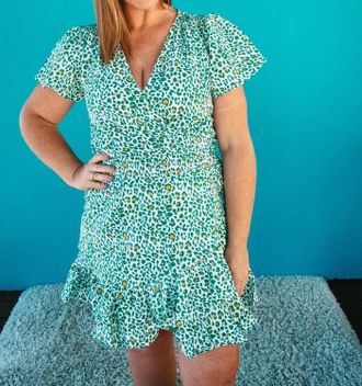 THML Clothing Angelina Leopard Print Wrap Smocked Waist Dress In Kelly Green/yellow