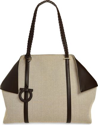 Ferragamo Large Folded Canvas & Leather Tote in Naturale Multi T Moro at Nordstrom