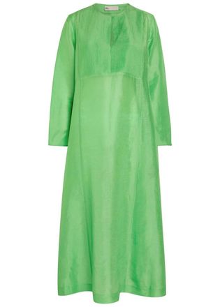 Tory Burch Pleated Linen and Silk-blend Midi Kaftan Dress - Bright Green - XL (UK16 / XL)