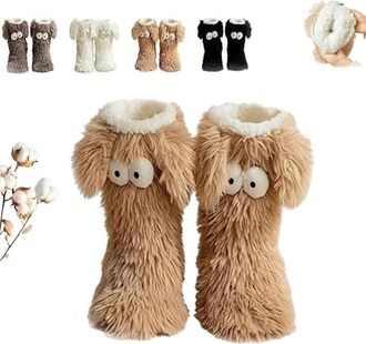 Generic Muffle Friends Cozy Socks, Womens Winter Warm Fuzzy Non-Slip Slipper Socks with Cute Big Eyes - Soft Thick Fleece Floor Socks for Cold Weather (Coffee