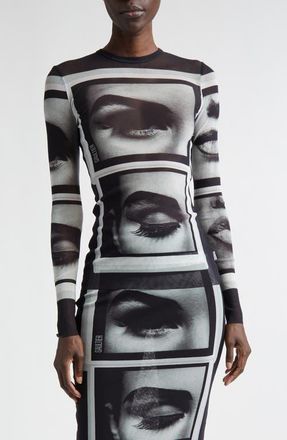 Jean Paul Gaultier Re-Edition Eyes & Lips Long Sleeve Mesh Top in Black/Grey/White at Nordstrom, Size X-Small