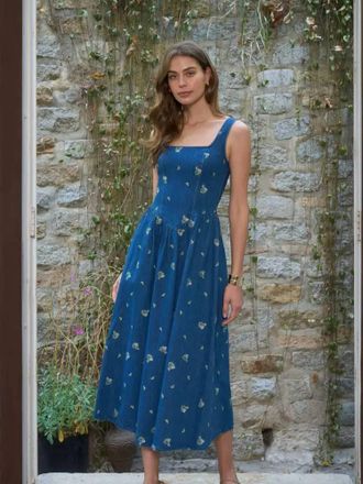 Moon River Sleeveless Square Neck Floral Embroidery Detail Denim Midi Dress In Indigo