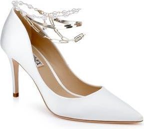 Badgley Mischka Verna Chain Ankle Strap Pointed Toe Pump in White Satin at Nordstrom Rack, Size 7