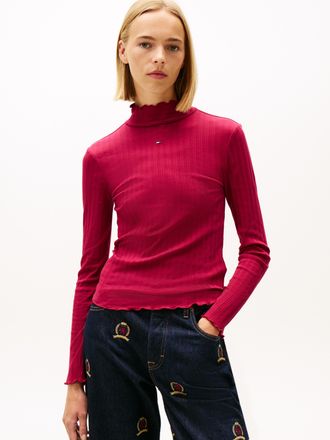 Tommy Jeans Langarmshirt TOMMY JEANS TJW SLIM RIB LETTUCE EDGE LS, Damen, Gr. XL (42), lavish cerise, Single Jersey, Obermaterial: 95% Baumwolle, 5% Elasthan, uni