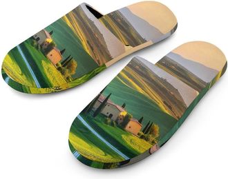 Generic Tuscany Countryside Italy Flannel Mens Slip-on Slippers Winter Warm House Shoes with Rubber Sole for Home Hotel