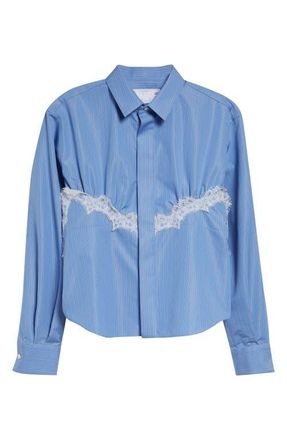 sacai Stripe Lace Trim Poplin Button-Up Shirt in Blue Stripe at Nordstrom, Size 1