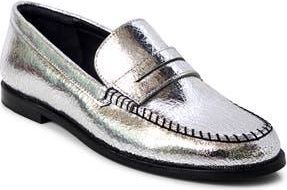 Free People Contrast Stitch Penny Loafer in Pale Pewter Leather at Nordstrom Rack, Size 7