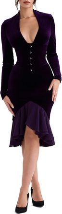 House of CB Dahna Corset Long Sleeve Velvet Dress in Dark Purple at Nordstrom, Size X-Small