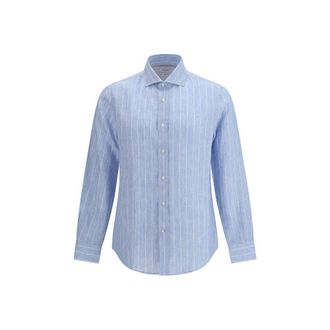 Brunello Cucinelli Blue Linen Pattern Mens Shirt