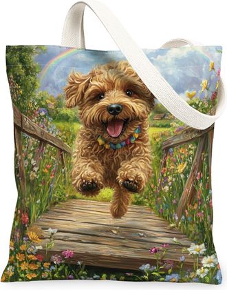 Generic Spring Cockapoo Dog Canvas Tote Bag for Shopping 13x15, Country Garden Puppy Reusable Grocery Print Pattern Bag for Women, Fun Flower Pet Beach Aesthe
