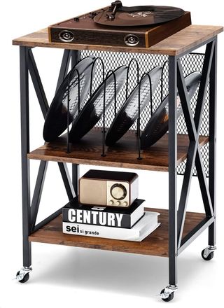 Costway Mesa Auxiliar De 3 Niveles, Mesillas De Noche Soporte De Vinilo R&uacute;stico Con 3 Divisores, Estante De Exhibici&oacute;n De Acero & Ruedas Bloqueables Para Sala