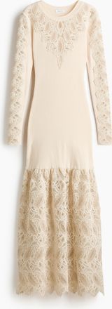 H&M Geripptes Kleid mit Spitze - White