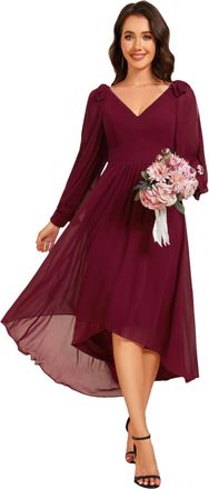 Ever-pretty Women Dress Midi Bridesmaid Dress High-Low Chiffon with Double V and Long Sleeve Elegant Wedding Guest Dress Burgundy 10UK