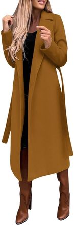 Generic Womens Winter Woolen Coat - Elegant Lapel Trench Jacket, Solid Color Long Work Strap Coat