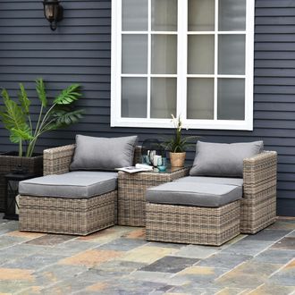 OUTSUNNY 5 Pcs PE Rattan Sofa Footstool Set Tall Glass-Top Table Aluminium Frame in Brown