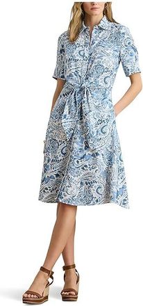 Lauren Ralph Lauren Paisley Tie-Front Linen Shirtdress Womens Dress White/Blue : 12
